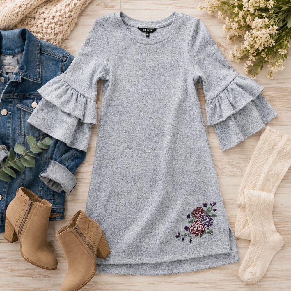 Obsess Gray Ruffle Sleeve Sweater Dress Floral Embroidered Girls Small